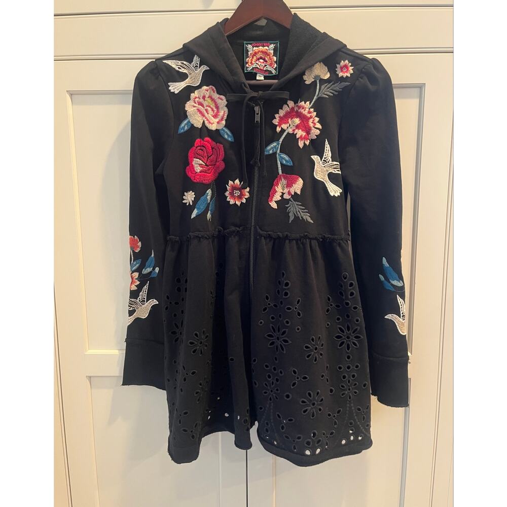 Johnny Was Junia Embroidered Hoodie Coat Black French Terry Eyelet Lace XXS NWOT - Picture 3 of 9